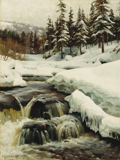 山の急流のある冬の風景 作： Peder Monsted