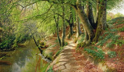 木立に覆われた川の風景（油彩・キャンバス） 作： Peder Monsted