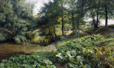 鹿の向こうにある樹木が茂った川の風景 作： Peder Monsted