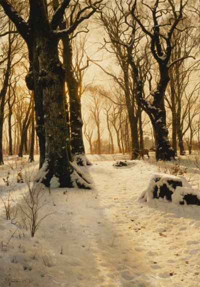 鹿のいる樹木が茂った冬の風景 作： Peder Monsted