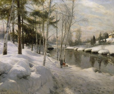 Hunnselva、Raufossによる4月の日（キャンバスに油彩） 作： Peder Monsted
