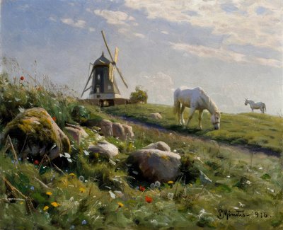 夏の牧草地に馬を放牧 作： Peder Monsted