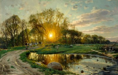 日没時に牛を家に連れてくる 作： Peder Monsted