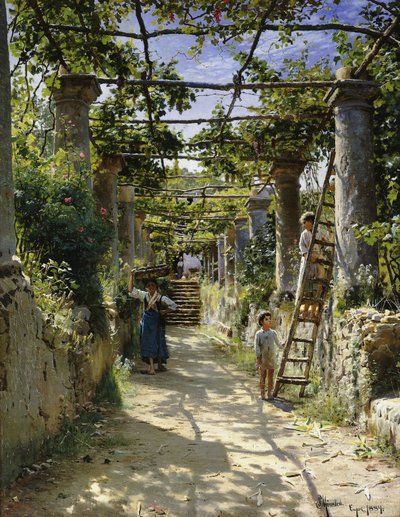イタリアのパーゴラの影で、アナカプリの暖かい午後 作： Peder Monsted