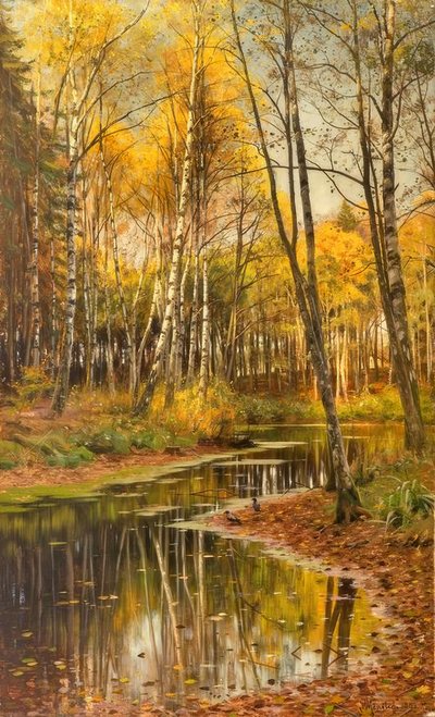 P.メンステッド、秋の光の中で白樺の森 作： Peder Monsted