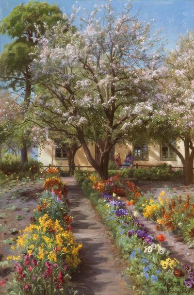 P.メンステッド、春に咲く庭 作： Peder Monsted