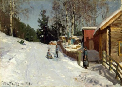 雪に覆われた村の通りで遊んでいる子供たち 作： Peder Monsted