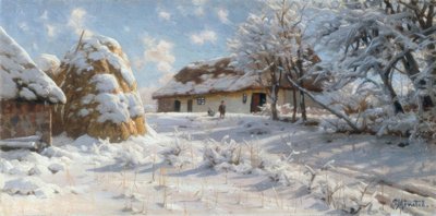 そり滑りの子供たちと雪に覆われた村の風景 作： Peder Monsted