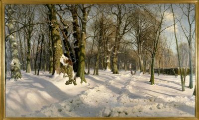 日光の下で雪に覆われた冬の森 作： Peder Monsted