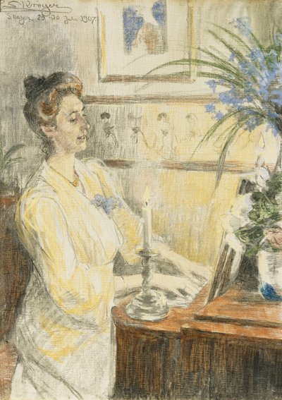 ヨハネヘレンルイーズブロデルセンの肖像、ピアノで、1907年 作： Peder Severin Krøyer