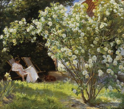 バラ。ベンドセン夫人の家のそばの庭のデッキチェアに座っているマリー・クロイヤー 作： Peder Severin Krøyer