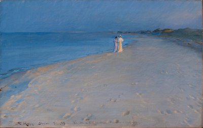 スカゲンのサウスビーチでの夏の夜。アンナ・アケルとマリー・クロイヤー 作： Peder Severin Krøyer