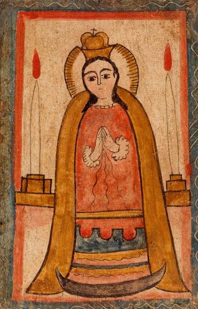赤いガウンを着たマドンナ、c. 1820年（木製パネルに水性塗料） 作： Pedro Antonio Frésquis