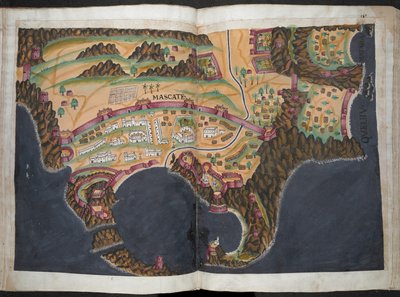 Mascate [Muscat]の平面図またはビュー、1635年頃（紙に顔料） 作： Pedro Barretto de Resende