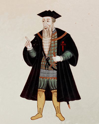 アルブケルケ（1453-1515）のアルフォンス（アルフォンソまたはアフォンソ）の足元の肖像。ポルトガルのペドロ・バレット・デ・レセンデによる「東洋インドの歴史書」の中では 作： Pedro Barretto de Resende