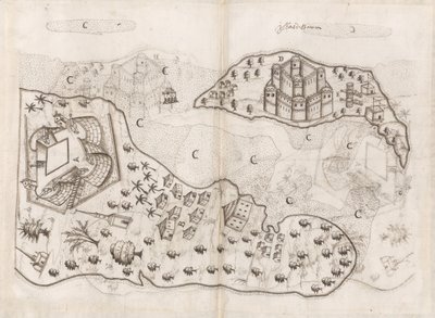 バーレーン諸島のポルトガル式平面図（ペドロ・バレート・デ・レセンデ著『東洋インド史』、Sloane MS 197、f.165v-166r（紙にペン・インク） 作： Pedro Barretto de Resende