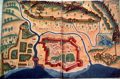 Sloane 197, ff.381v-382r: マラッカ市の平面図、「Livro do Estado de India Oriental」より 作： Pedro Barretto de Resende