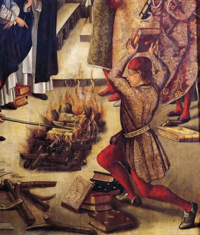 異端者の本の焼却、サンドメニコとアルビゲンセスによる詳細、ペドロ ベルゲテ作 (1450 年頃 - 1504 年頃) 作： Pedro Berruguete
