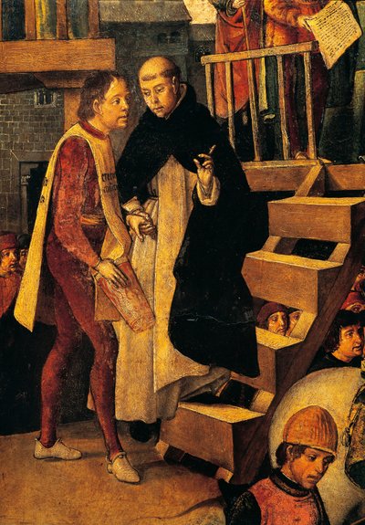 有罪判決を受けた男が異端審問の法廷に行く、ペドロ・ベルゲテによるサンドメニコ・グスマンが議長を務めるアウトダフェの詳細（1450年頃-1504年頃） 作： Pedro Berruguete