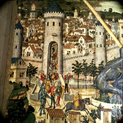 聖ジョージの祭壇画: 1229 年、アラゴン王ジャック 1 世の軍隊によるパルマ デ マヨルカの征服、詳細 作： Pedro Nisart