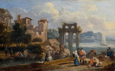 廃墟の近くで休息する風景の中の人物 作： Peeter or Pieter Bout
