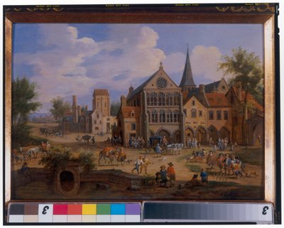 教会の前でスキットルをする農民のいる町の風景 作： Peeter or Pieter Bout