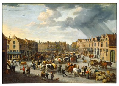 アントワープのオールド オックス マーケット (キャンバスに油彩) 作： Peeter van Bredael