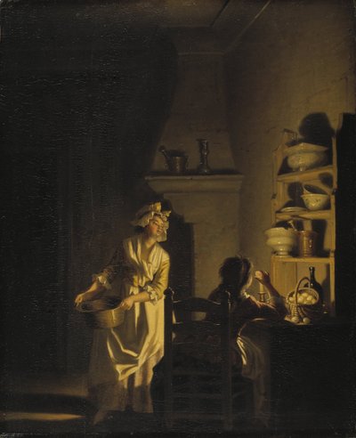 Le test des oeufs, interieur de cuisine - 卵のテスト。台所の内部』ヒレストロム、ペール（1732-1816）作。木に油彩。寸法：39x32 cm。ストックホルム国立博物館 作： Pehr Hilleström