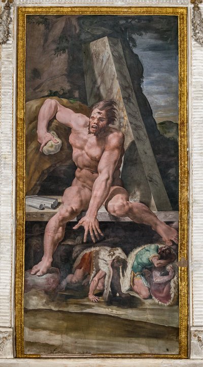 ポリフェモスから逃げるユリシーズの仲間、ポリフェモスの部屋の詳細 作： Pellegrino Tibaldi