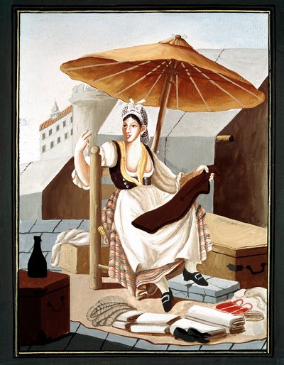 Pepetite metier Napolitan: 生地とリネンの巡回販売 - (古い貿易: カーテンとリネンの販売業者) ペリッチャによる絵画 19 世紀 ナポリ サン マルティーノ美術館 作： Pelliccia