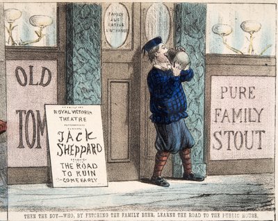 "The the boy - who who fetching the family beer, learning the road to the Public House, pub.c. 1872 (hand coloured engraving) 作： Percy Cruikshank