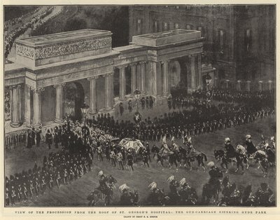セントジョージズ病院の屋根からの行列、ハイドパークに入るガンキャリッジ 作： Percy F.S. Spence