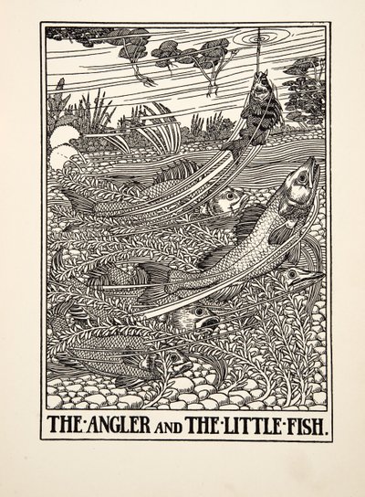 イソップ寓話集』より「釣り人と小魚」（1903年刊）（彫刻作品 作： Percy J. Billingshurst