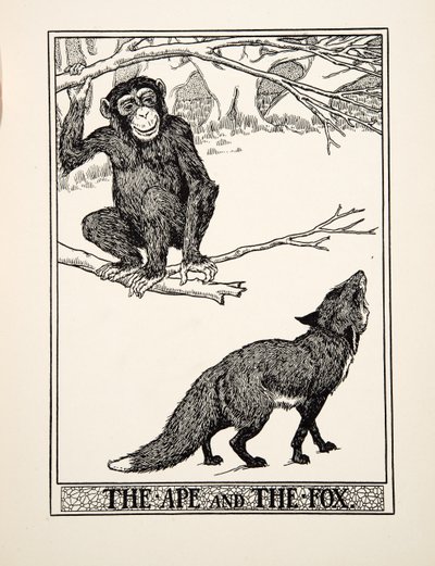 イソップ寓話集』より「サルとキツネ」（1903年刊）（彫刻 作： Percy J. Billingshurst