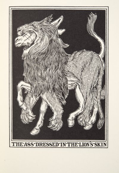 ライオンの皮に身を包んだお尻、フォンテーヌ寓話、パブから。 1905 作： Percy J. Billingshurst