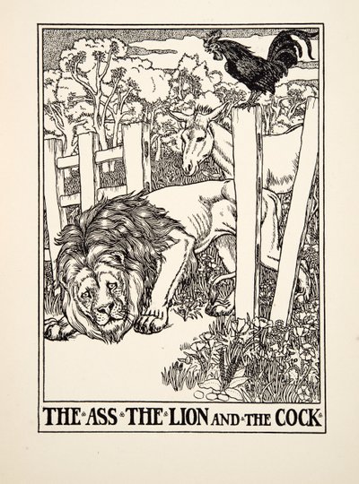 尻、ライオンと雄鶏、イソップの百寓話、pub.1903 作： Percy J. Billingshurst