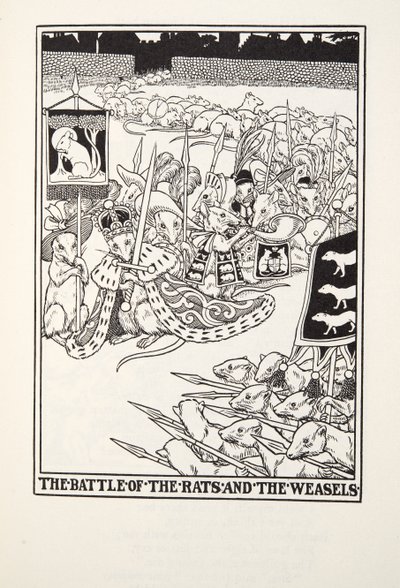 フォンテーヌ寓話、パブからのネズミとイタチの戦い。 1905 作： Percy J. Billingshurst