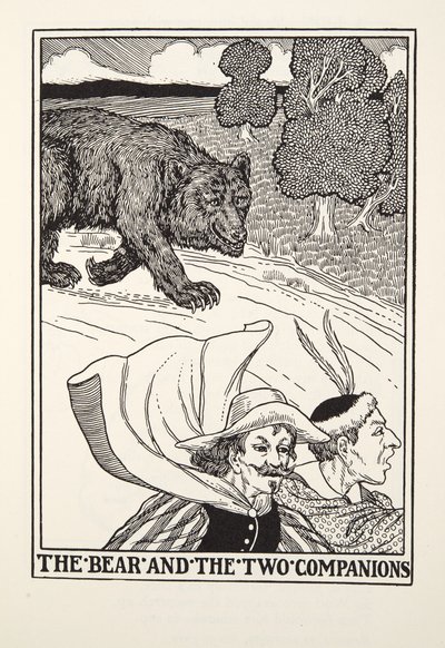 フォンテーヌ寓話集より「熊と二人の仲間」。1905年（彫刻 作： Percy J. Billingshurst