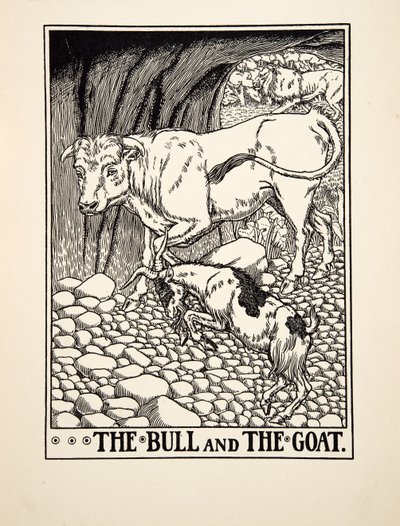 イソップ寓話集』より「牡牛と山羊」（1903年刊）（彫刻作品 作： Percy J. Billingshurst