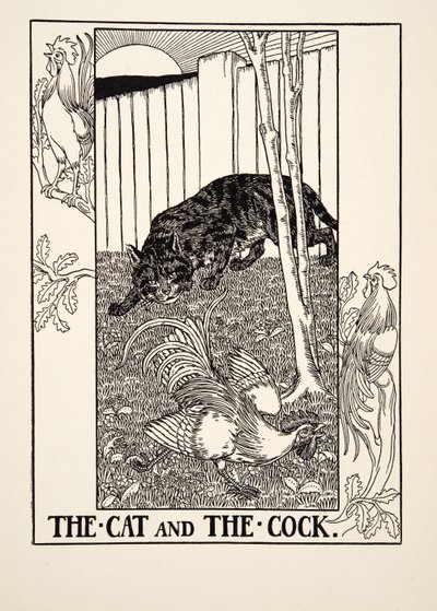 猫と雄鶏、イソップの百寓話、pub.1903 作： Percy J. Billingshurst