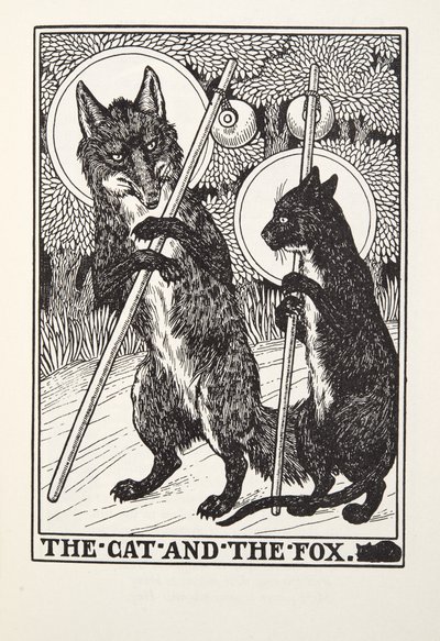 猫と狐、フォンテーヌ寓話、パブから。 1905 作： Percy J. Billingshurst