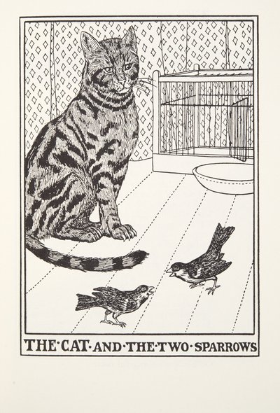 猫と二羽のスズメ、フォンテーヌ寓話、パブ。 1905 作： Percy J. Billingshurst