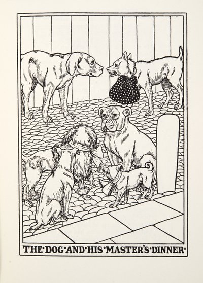 犬と彼のマスターズディナー、フォンテーヌ寓話、パブから。 1905 作： Percy J. Billingshurst