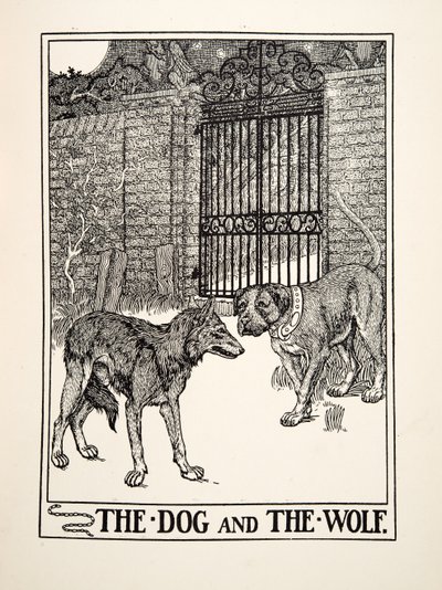 犬と狼」（イソップ寓話集、1903年刊）より（彫刻 作： Percy J. Billingshurst