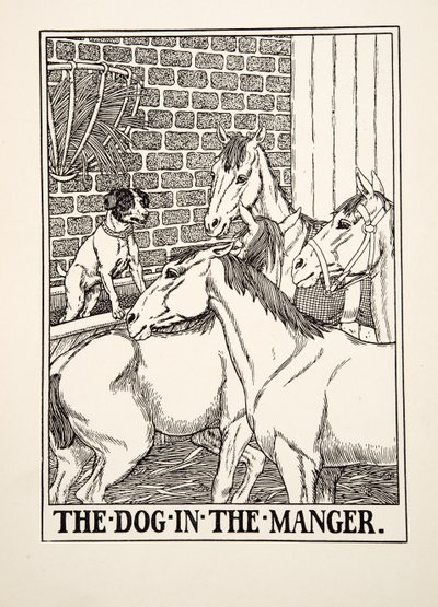 イソップの百話からの飼い葉桶の犬、pub.1903 作： Percy J. Billingshurst