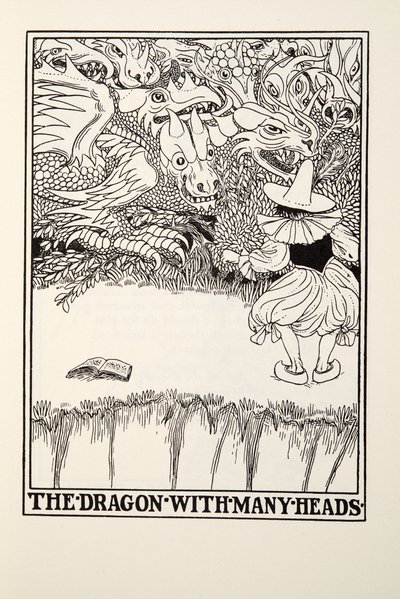 フォンテーヌ寓話集』より「頭の多い竜」。1905年（彫刻）。 作： Percy J. Billingshurst