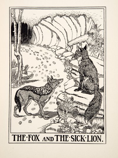 キツネと病気のライオン（『イソップ百貨』1903年刊より）（彫刻版 作： Percy J. Billingshurst