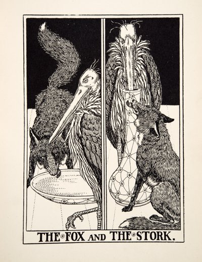 フォックスとコウノトリ、イソップの百寓話、pub.1903 作： Percy J. Billingshurst
