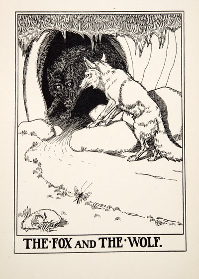 キツネとオオカミ（『イソップ百貨』1903年刊より）（版画 作： Percy J. Billingshurst