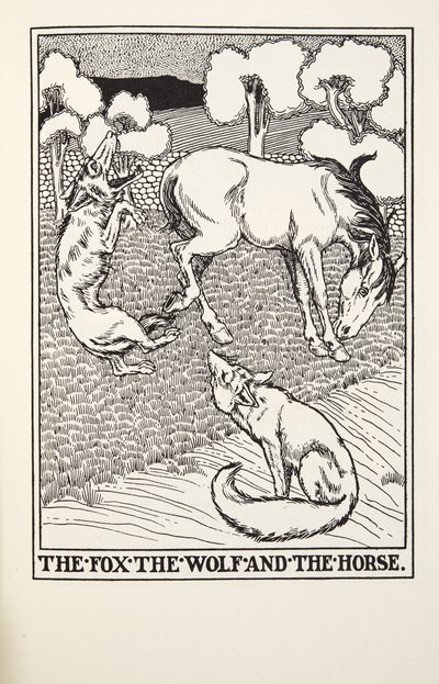 Fox、狼と馬、フォンテーヌ寓話、パブから。 1905 作： Percy J. Billingshurst